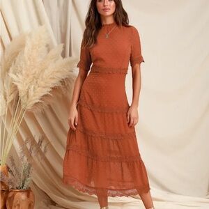 Lulus Dreaming of You Rust Swiss Dot Midi Dress